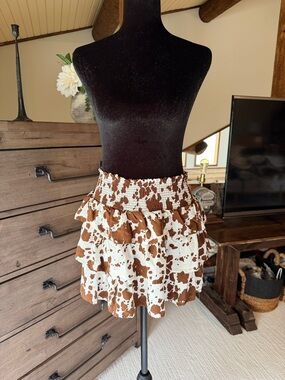 Women’s Ruffled Cow Print Mini Skirt in Brown and White